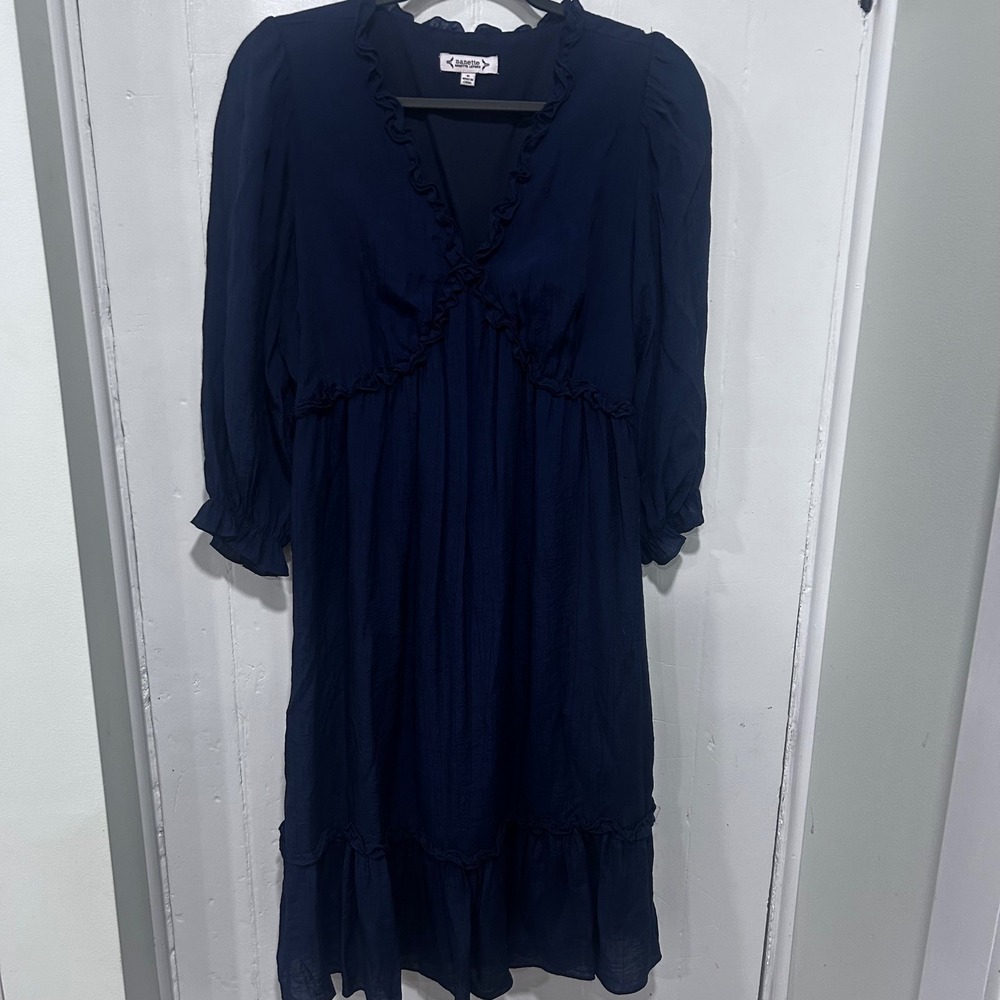 Nanette Lepore Navy Blue Ruffle V-Neck Midi Dress Size 6 Puff Sleeve Bohemian